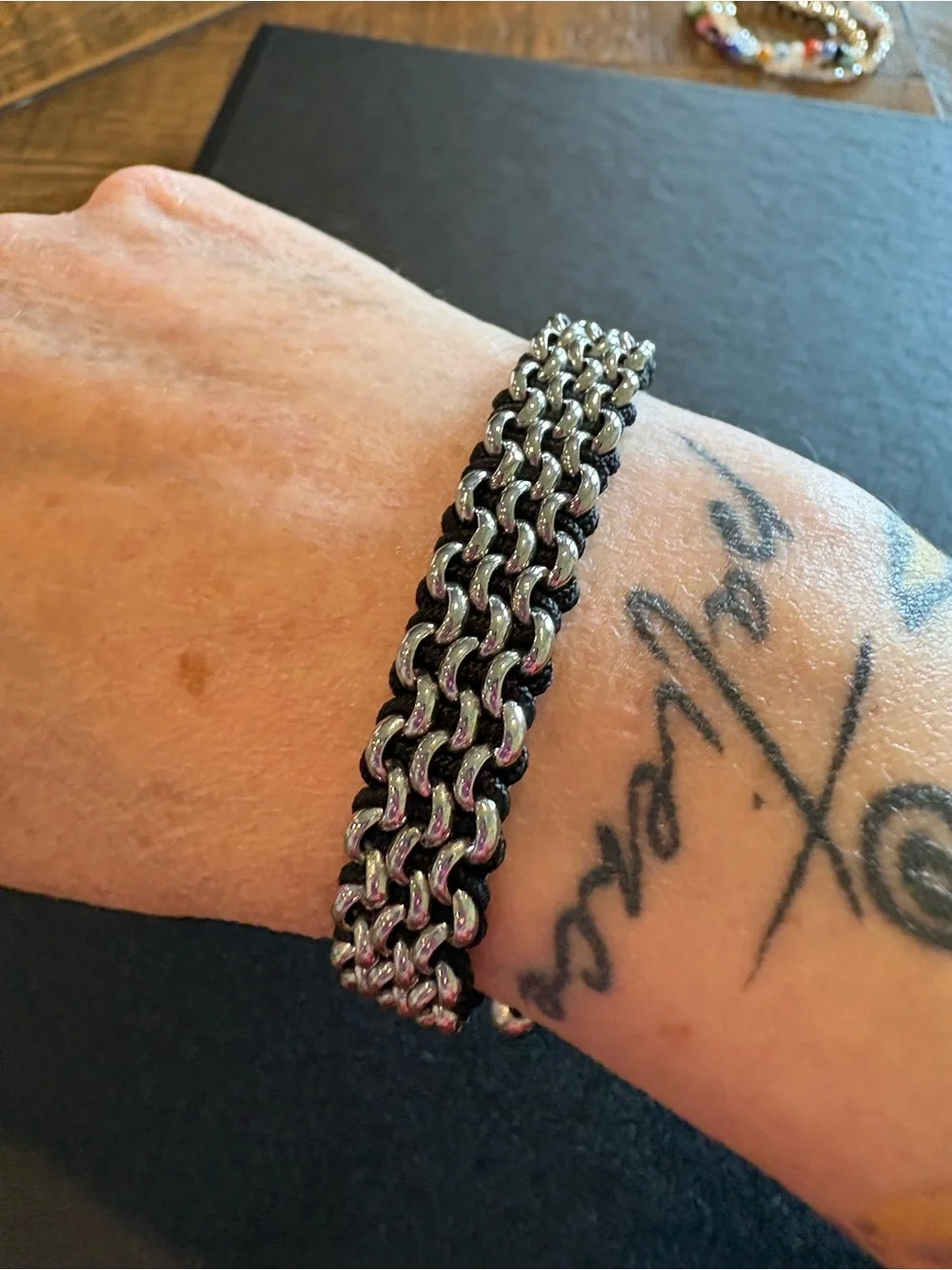 Braided Silver-Tone Chain Bracelet with Black Cord - Picture 2 of 3